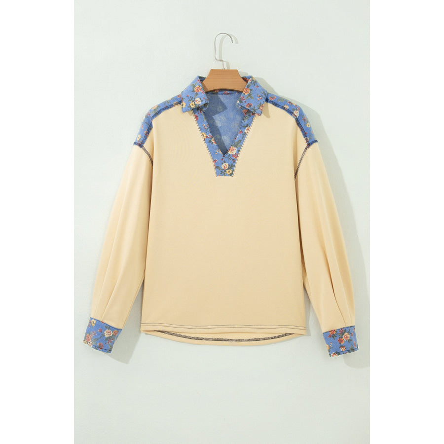 Apricot Floral Denim Patchwork Collar V Neck Long Sleeve Pullover Top Tops/Long Sleeve Tops