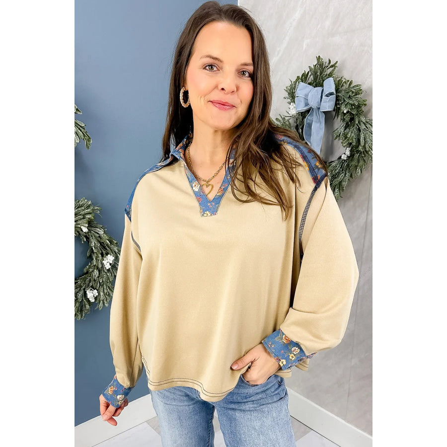 Apricot Floral Denim Patchwork Collar V Neck Long Sleeve Pullover Top Tops/Long Sleeve Tops