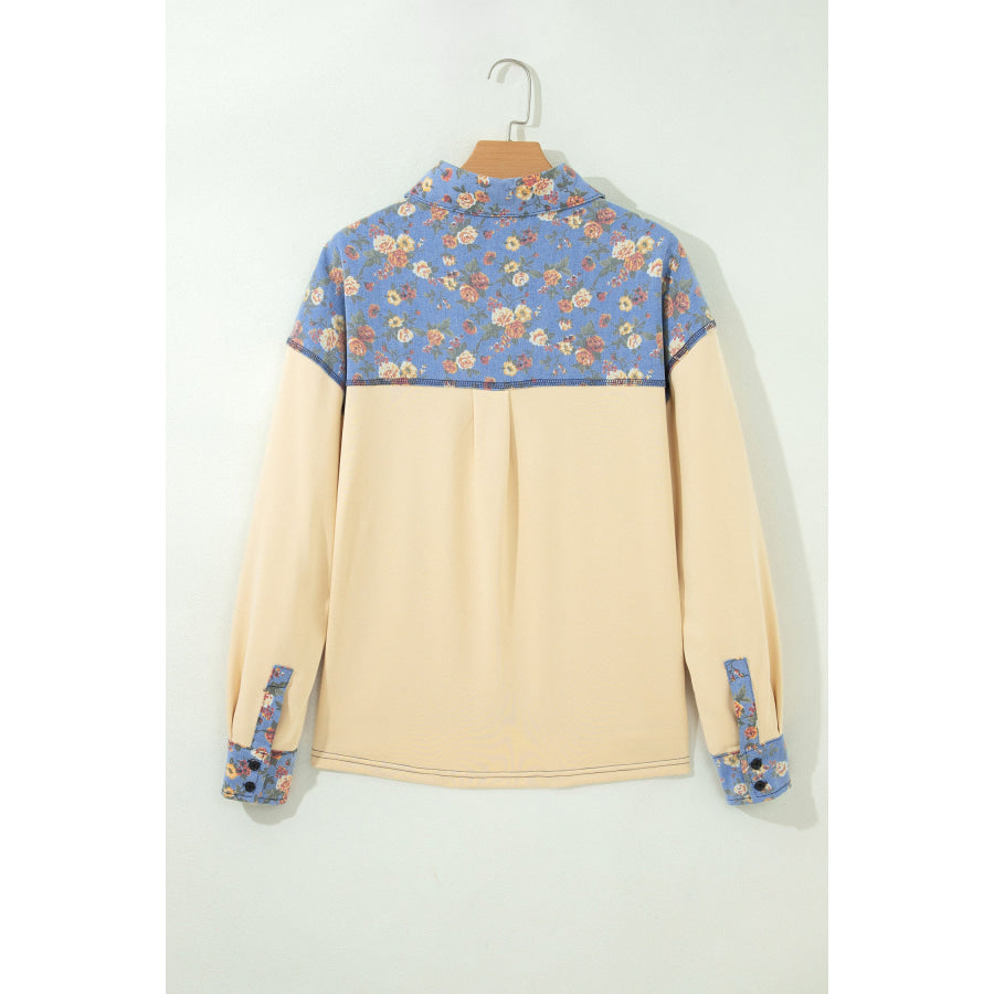 Apricot Floral Denim Patchwork Collar V Neck Long Sleeve Pullover Top Tops/Long Sleeve Tops