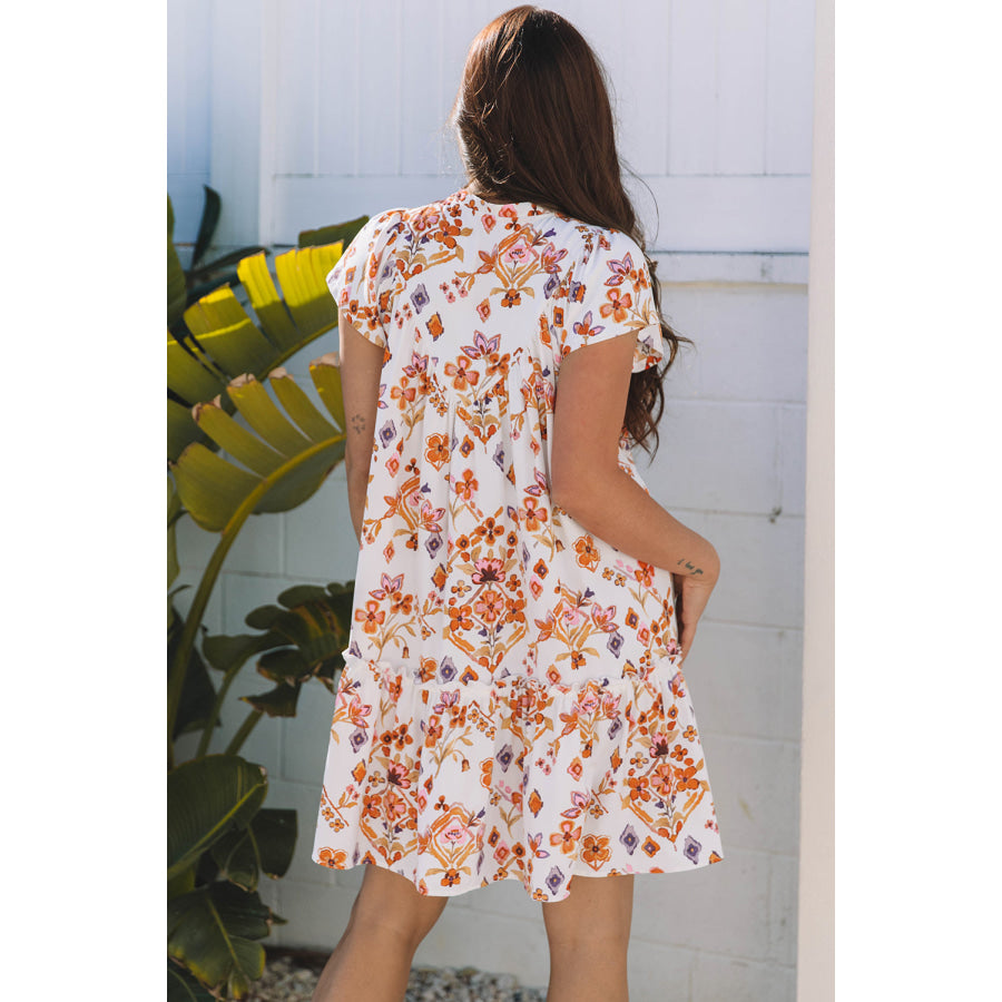 Apricot Floral Geometric Print Ruffled Trim Flutter Sleeve Mini Dress Dresses/Floral Dresses