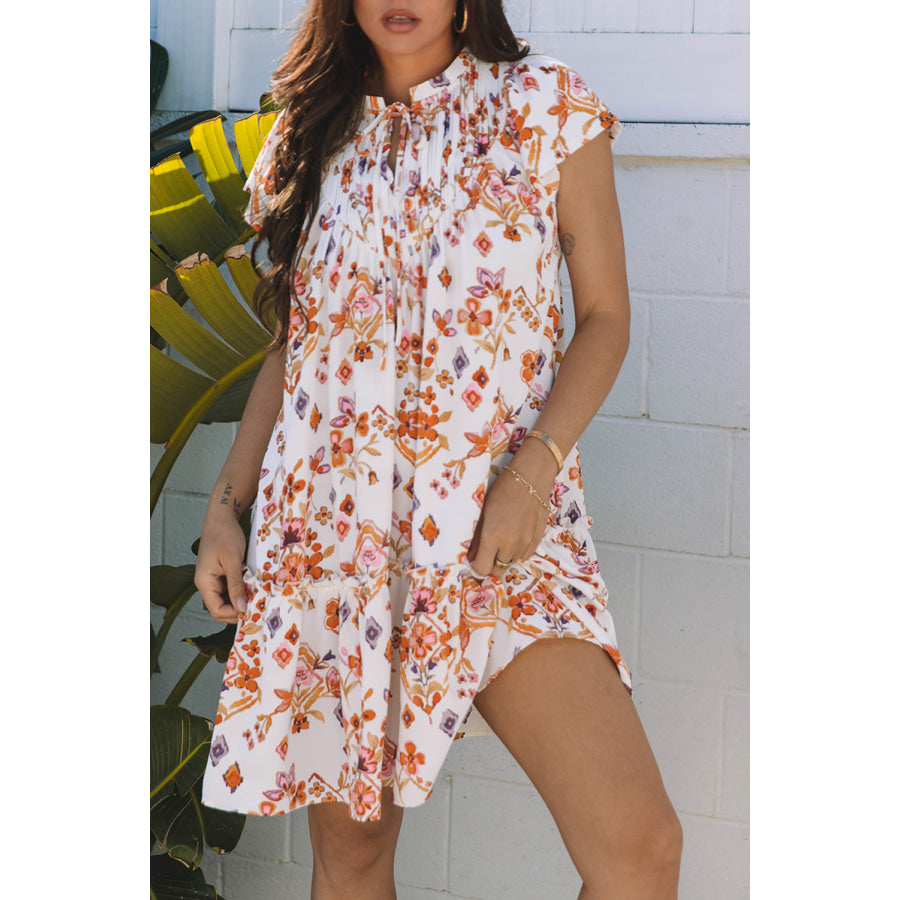 Apricot Floral Geometric Print Ruffled Trim Flutter Sleeve Mini Dress Dresses/Floral Dresses