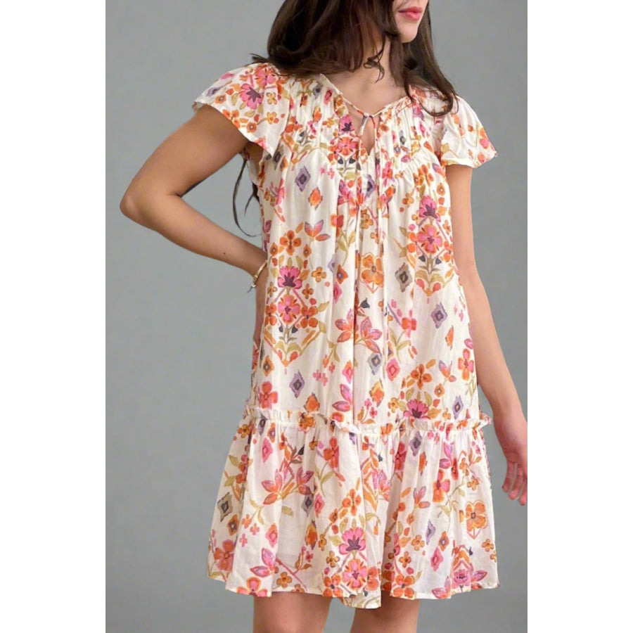 Apricot Floral Geometric Print Ruffled Trim Flutter Sleeve Mini Dress Dresses/Floral Dresses