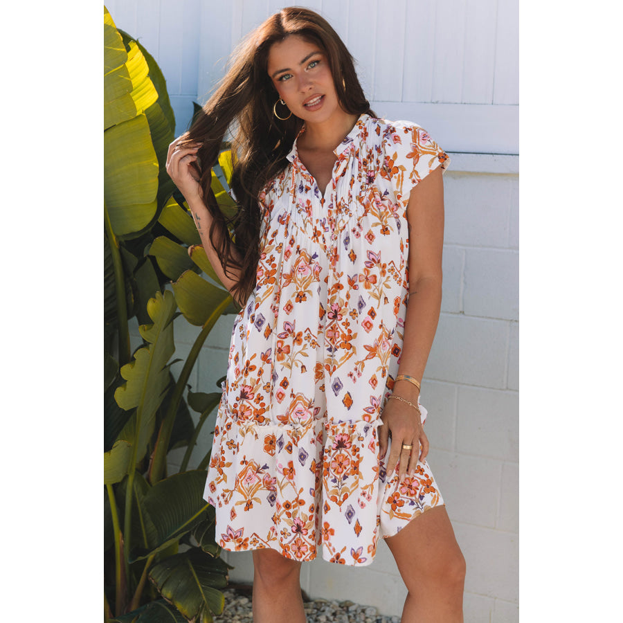 Apricot Floral Geometric Print Ruffled Trim Flutter Sleeve Mini Dress Dresses/Floral Dresses