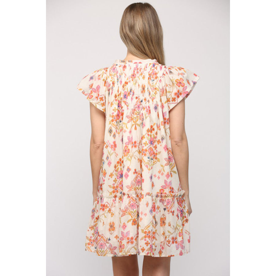 Apricot Floral Geometric Print Ruffled Trim Flutter Sleeve Mini Dress Dresses/Floral Dresses