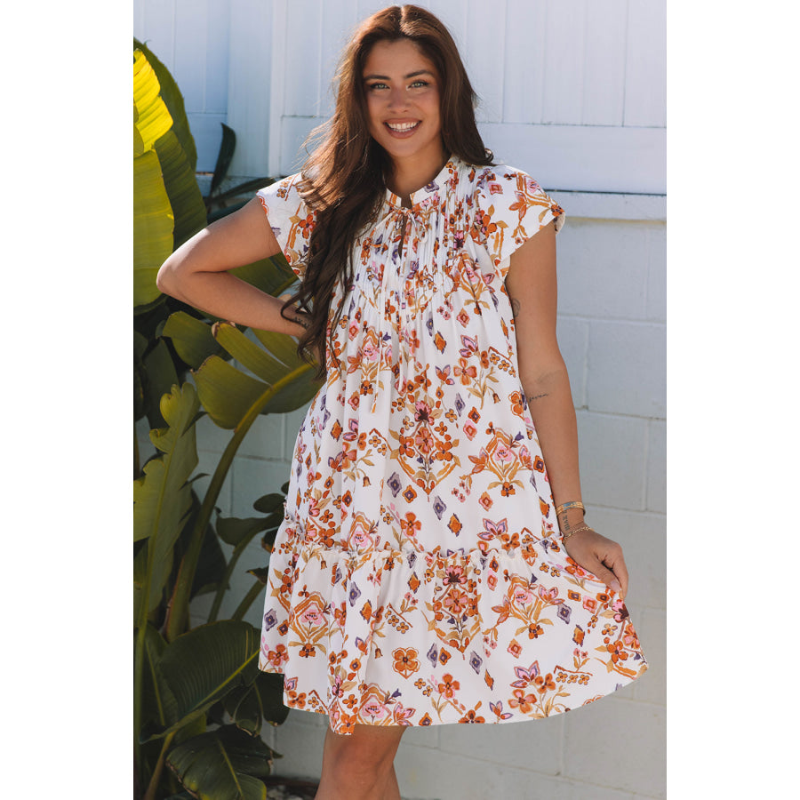Apricot Floral Geometric Print Ruffled Trim Flutter Sleeve Mini Dress Dresses/Floral Dresses