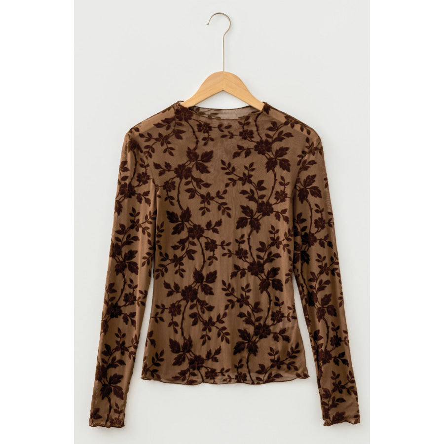 Apricot Floral Mesh Long Sleeve Round Neck Casual Sheath Top Tops/Long Sleeve Tops