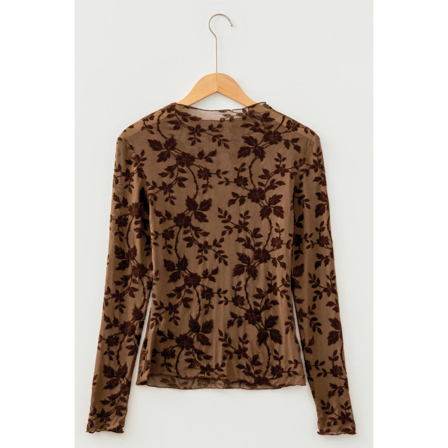 Apricot Floral Mesh Long Sleeve Round Neck Casual Sheath Top Tops/Long Sleeve Tops