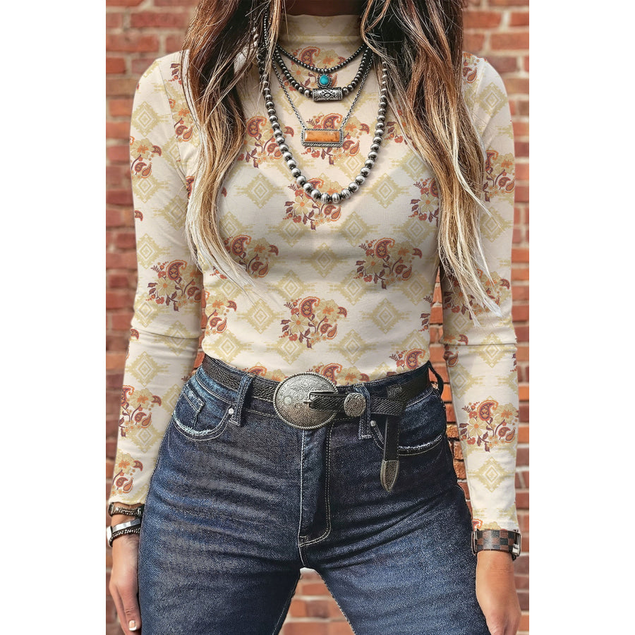 Apricot Floral Print Slim Fit Mesh Long Sleeve Mock Neck Top Apricot / S / 95% Polyester + 5% Elastane Tops/Long Sleeve Tops