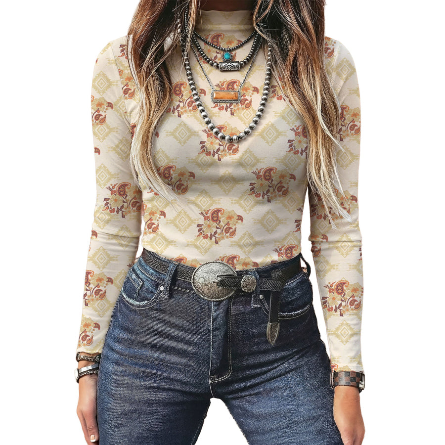 Apricot Floral Print Slim Fit Mesh Long Sleeve Mock Neck Top Tops/Long Sleeve Tops
