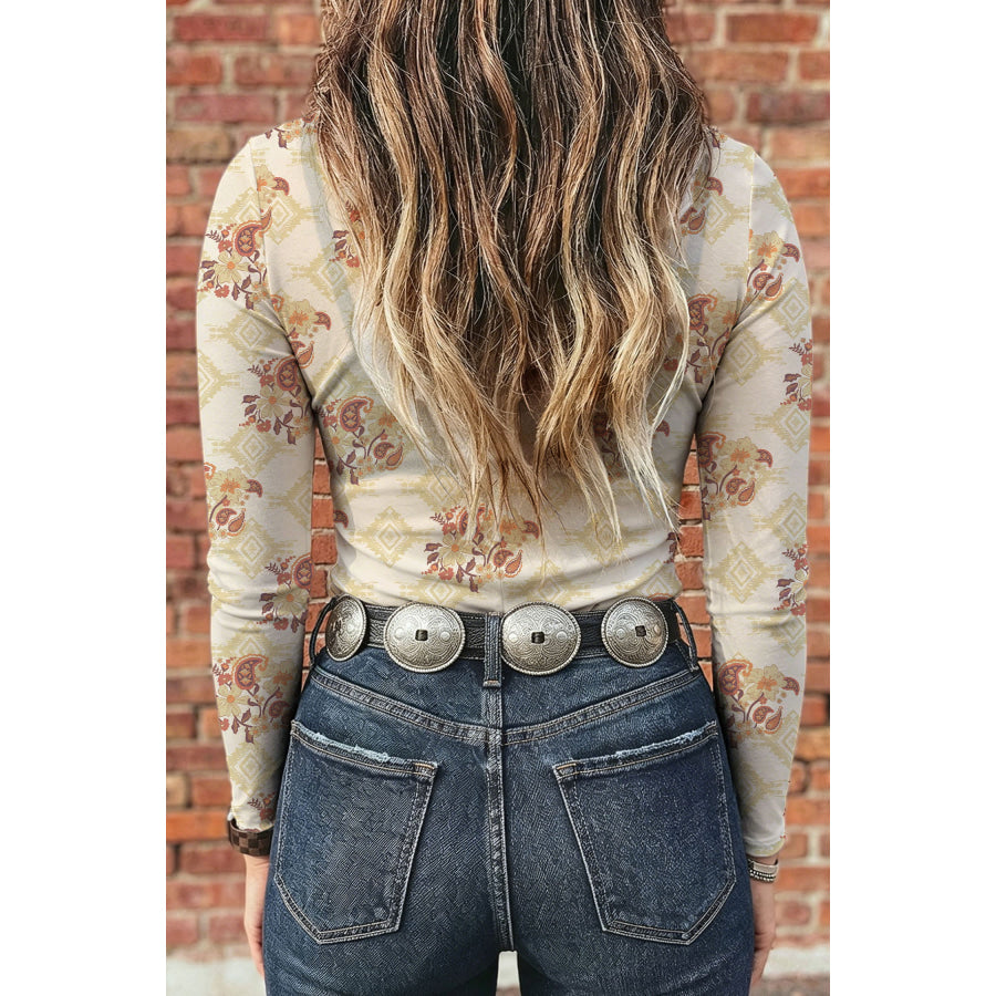 Apricot Floral Print Slim Fit Mesh Long Sleeve Mock Neck Top Tops/Long Sleeve Tops