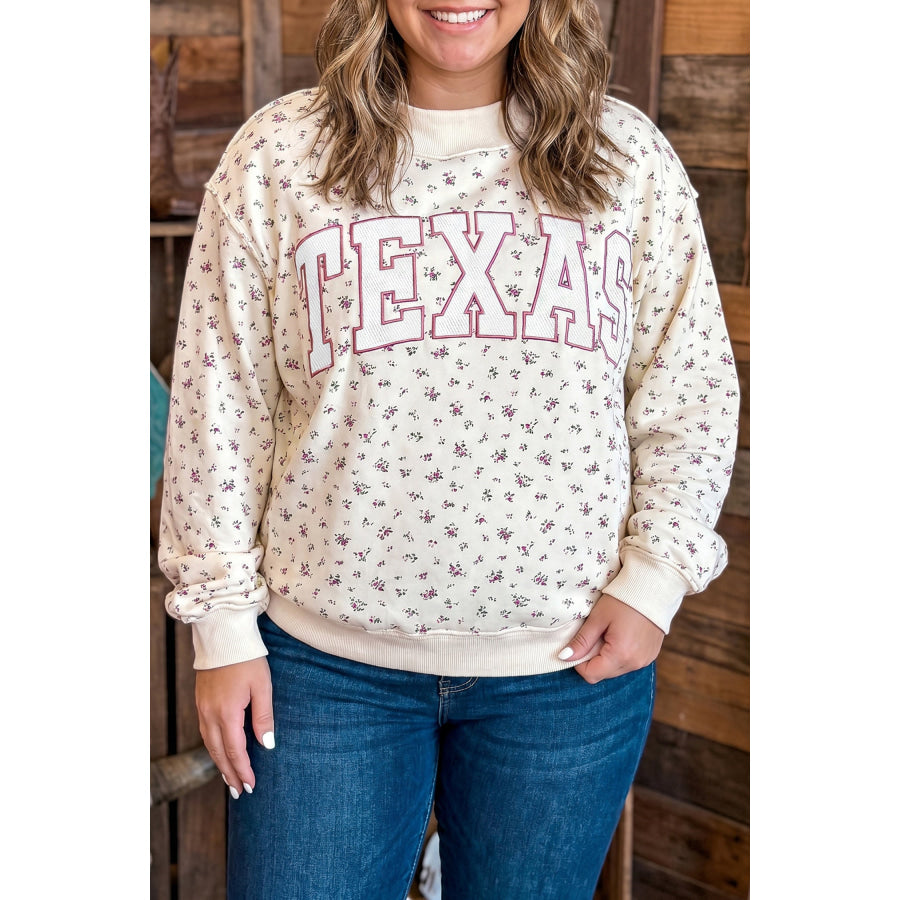 Apricot Floral Print Texas Long Sleeve Ribbed Neck Tunic Plus Size Sweatshirt Apricot / 1X / 100% Polyester Plus Size/Plus Size Sweatshirts
