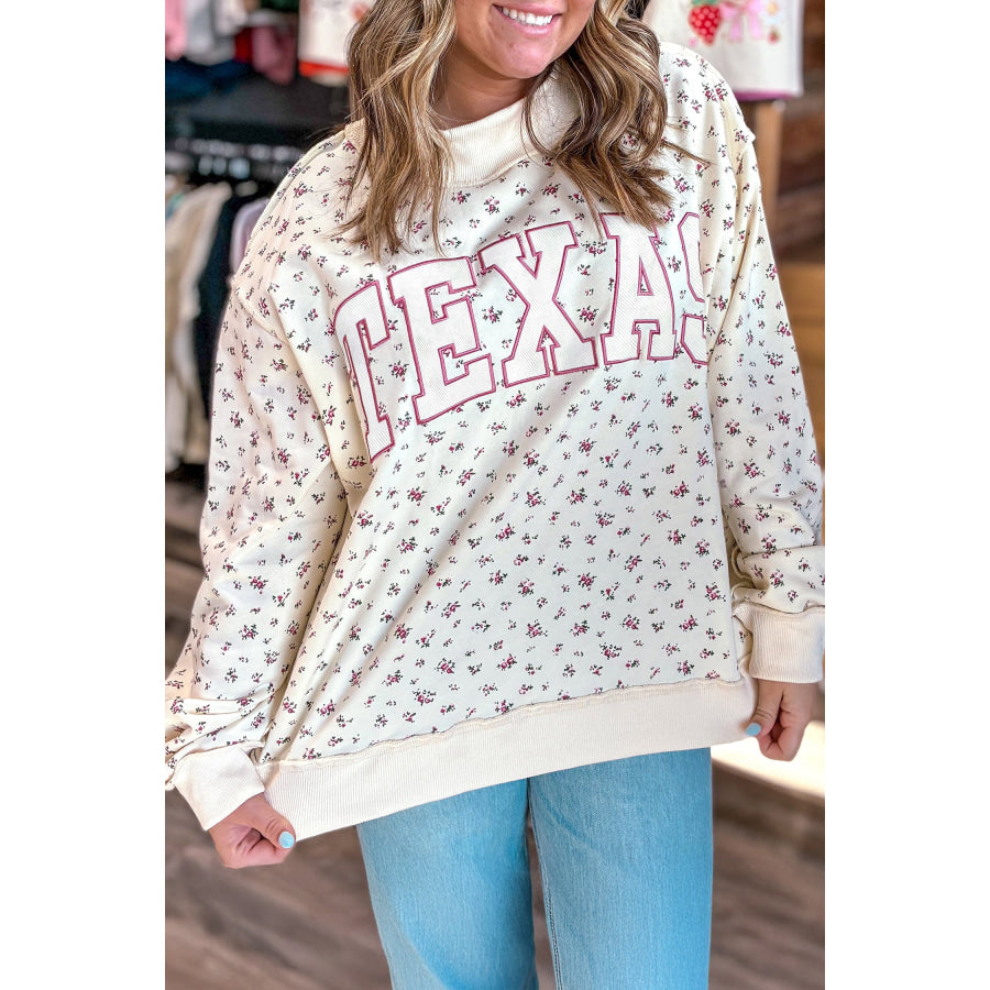Apricot Floral Print Texas Long Sleeve Ribbed Neck Tunic Plus Size Sweatshirt Plus Size/Plus Size Sweatshirts & Hoodies