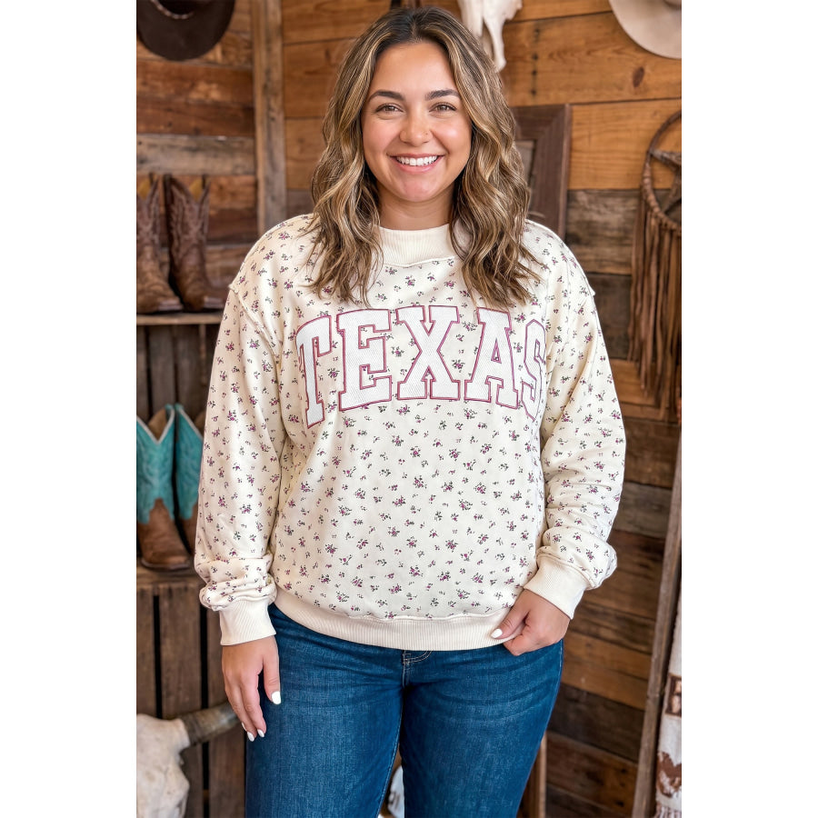 Apricot Floral Print Texas Long Sleeve Ribbed Neck Tunic Plus Size Sweatshirt Plus Size/Plus Size Sweatshirts & Hoodies