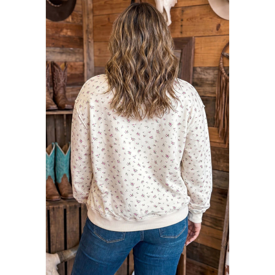 Apricot Floral Print Texas Long Sleeve Ribbed Neck Tunic Plus Size Sweatshirt Plus Size/Plus Size Sweatshirts & Hoodies