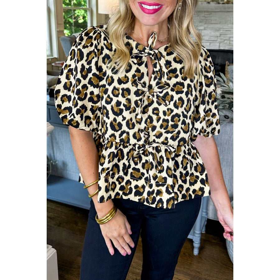 Apricot Leopard Bubble Sleeve Bow Tie Front Peplum Blouse Apricot / S / 100% Polyester Tops/Blouses & Shirts