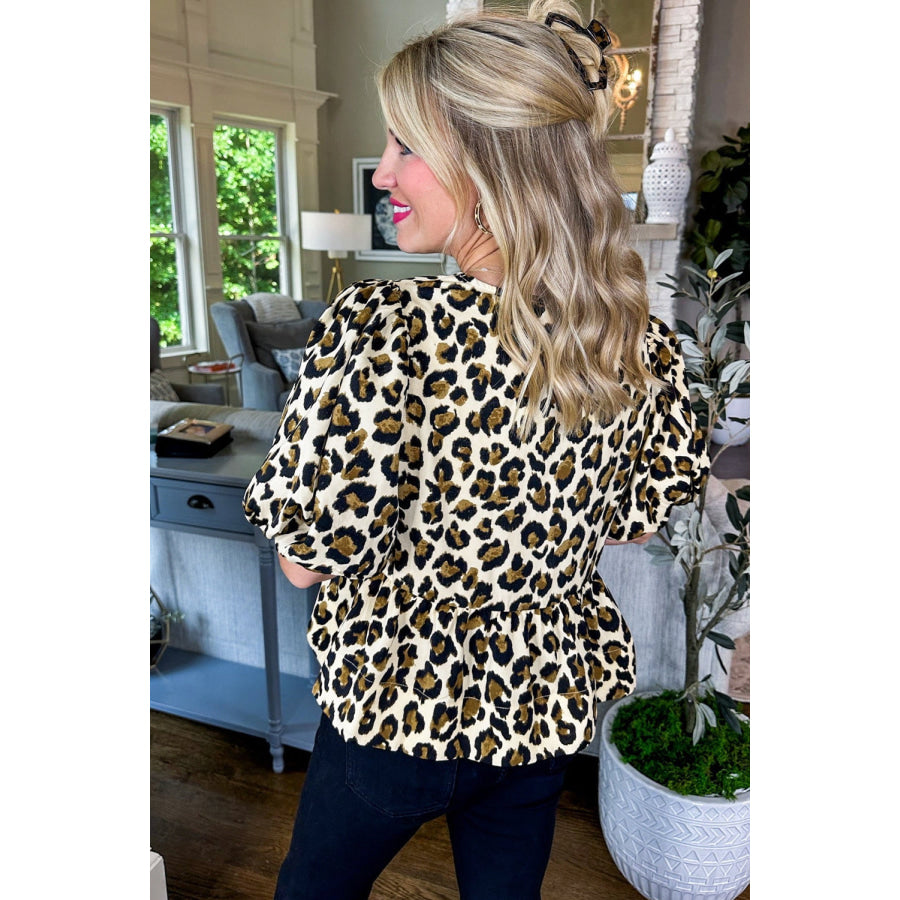 Apricot Leopard Bubble Sleeve Bow Tie Front Peplum Blouse Tops/Blouses & Shirts