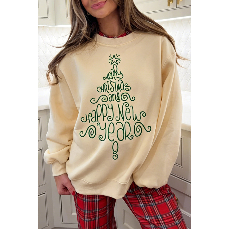 Apricot Merry Christmas and Happy New Year Embroidered Holiday Slogan Sweatshirt / S / 50% Polyester + 50% Cotton Tops/Sweatshirts & Hoodies
