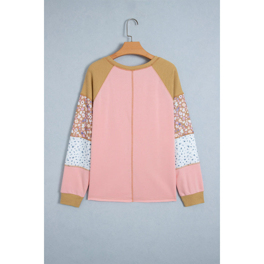 Apricot Pink Color Block Floral Waffle Mixed Patchwork Long Sleeve Top Tops/Long Tops