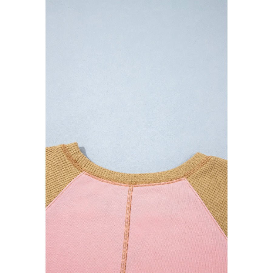 Apricot Pink Color Block Floral Waffle Mixed Patchwork Long Sleeve Top Tops/Long Tops