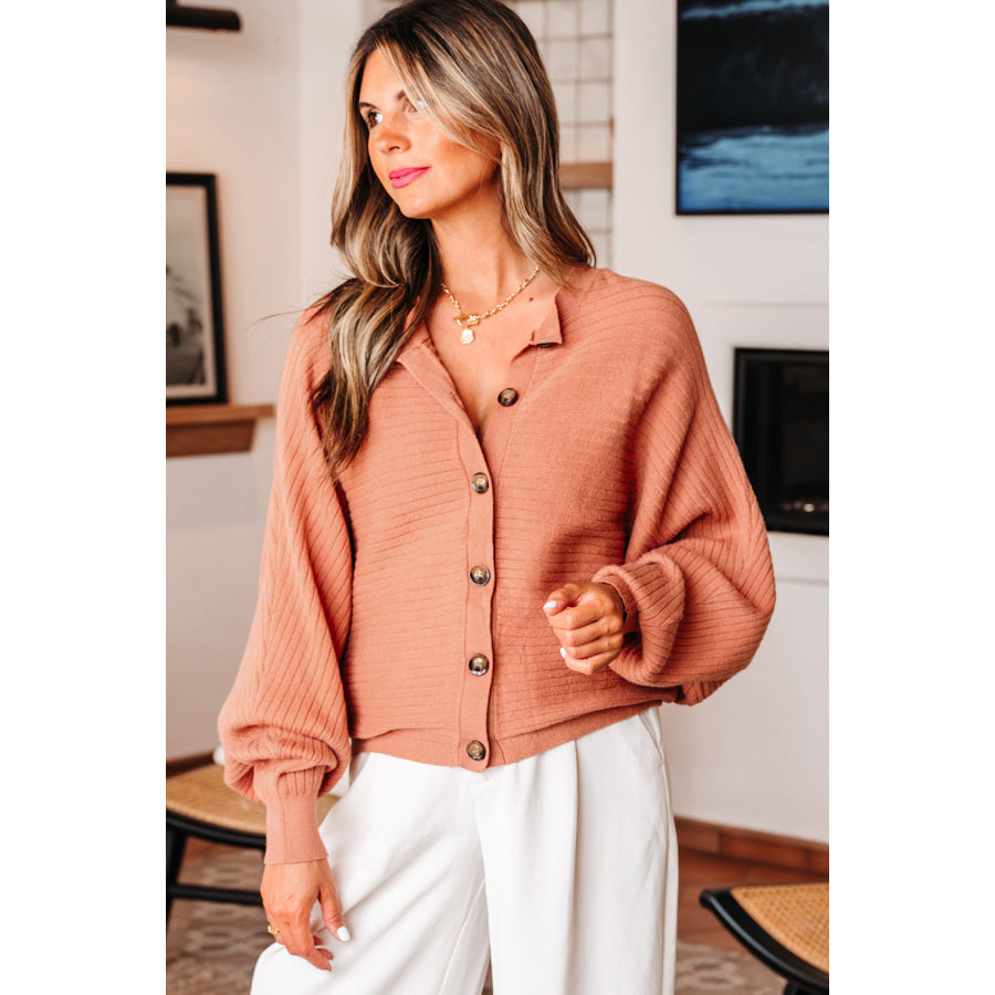 Apricot Pink Wide Rib Knit Button Front Dolman Sleeve Sweater Cardigan Sweaters & Cardigans/Cardigans