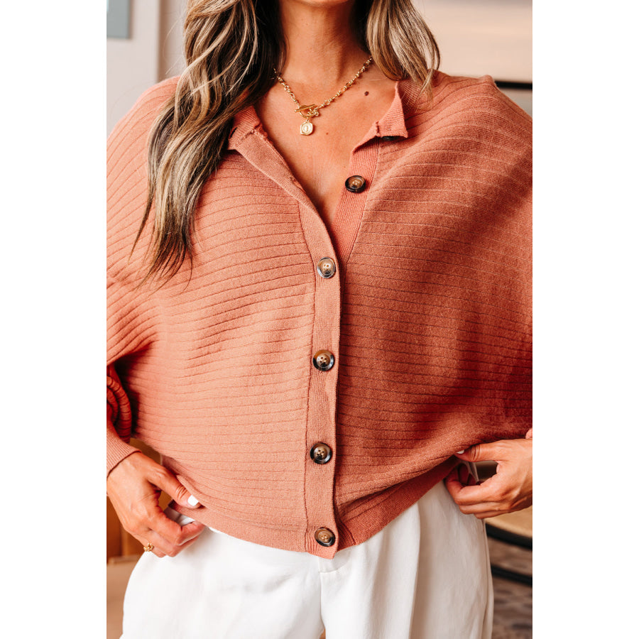 Apricot Pink Wide Rib Knit Button Front Dolman Sleeve Sweater Cardigan Sweaters & Cardigans/Cardigans