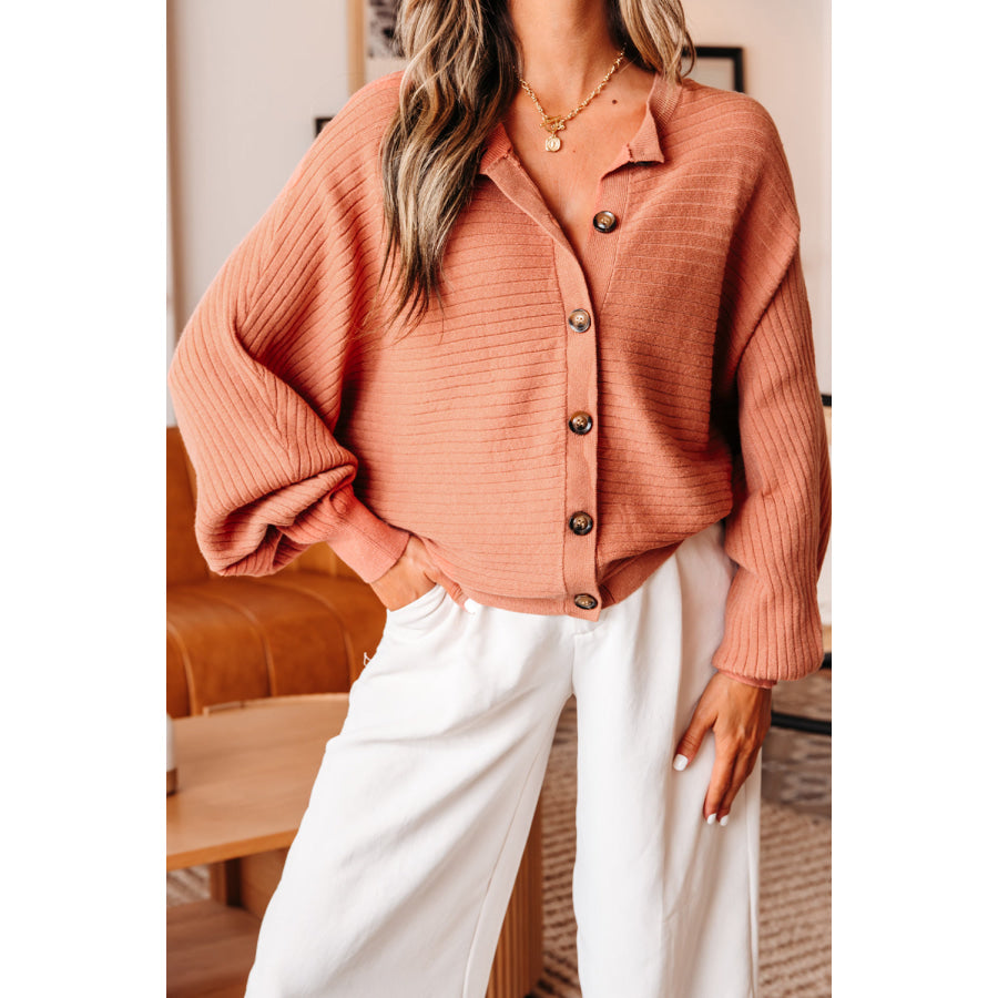 Apricot Pink Wide Rib Knit Button Front Dolman Sleeve Sweater Cardigan Sweaters & Cardigans/Cardigans