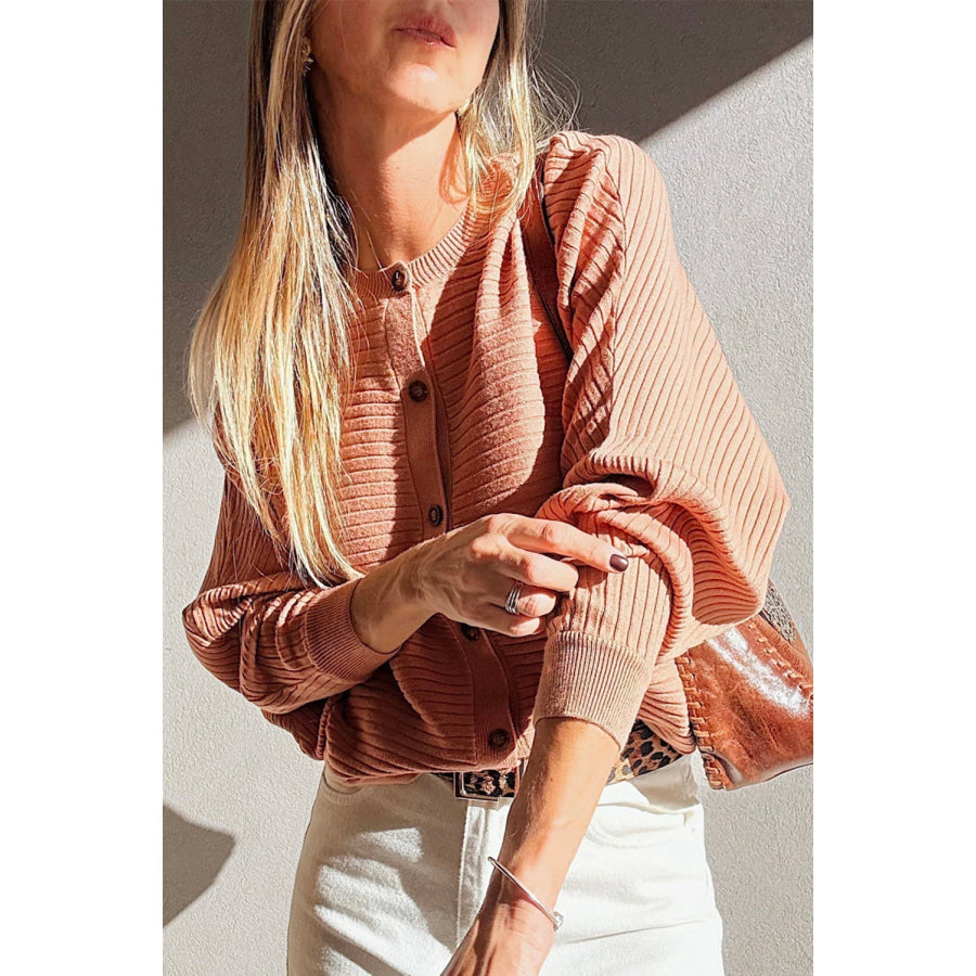 Apricot Pink Wide Rib Knit Button Front Dolman Sleeve Sweater Cardigan Sweaters & Cardigans/Cardigans