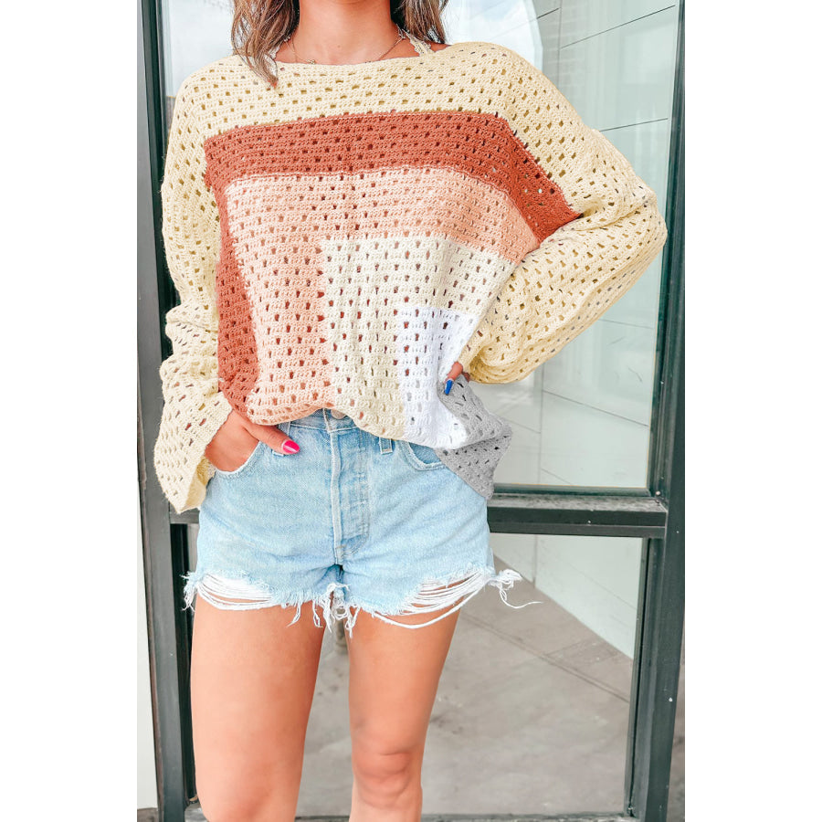 Apricot Pointelle Knit Colorblock Baggy Sweater Apricot / S / 100% Acrylic Sweaters & Cardigans/Sweaters