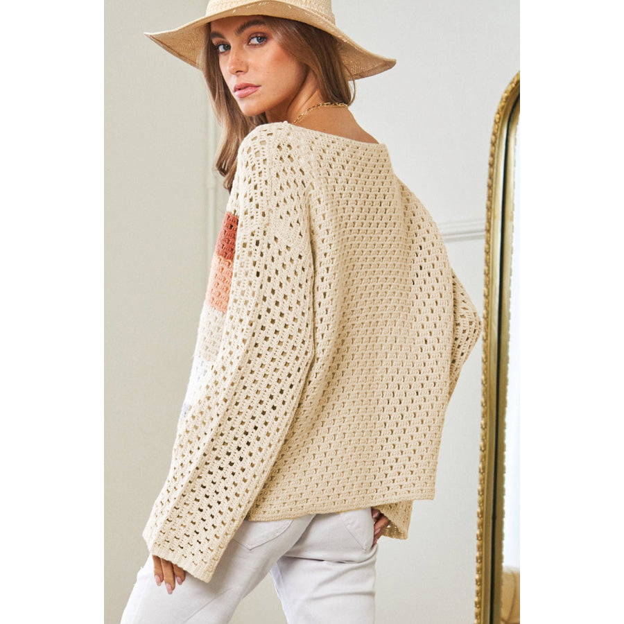 Apricot Pointelle Knit Colorblock Baggy Sweater Sweaters & Cardigans/Sweaters