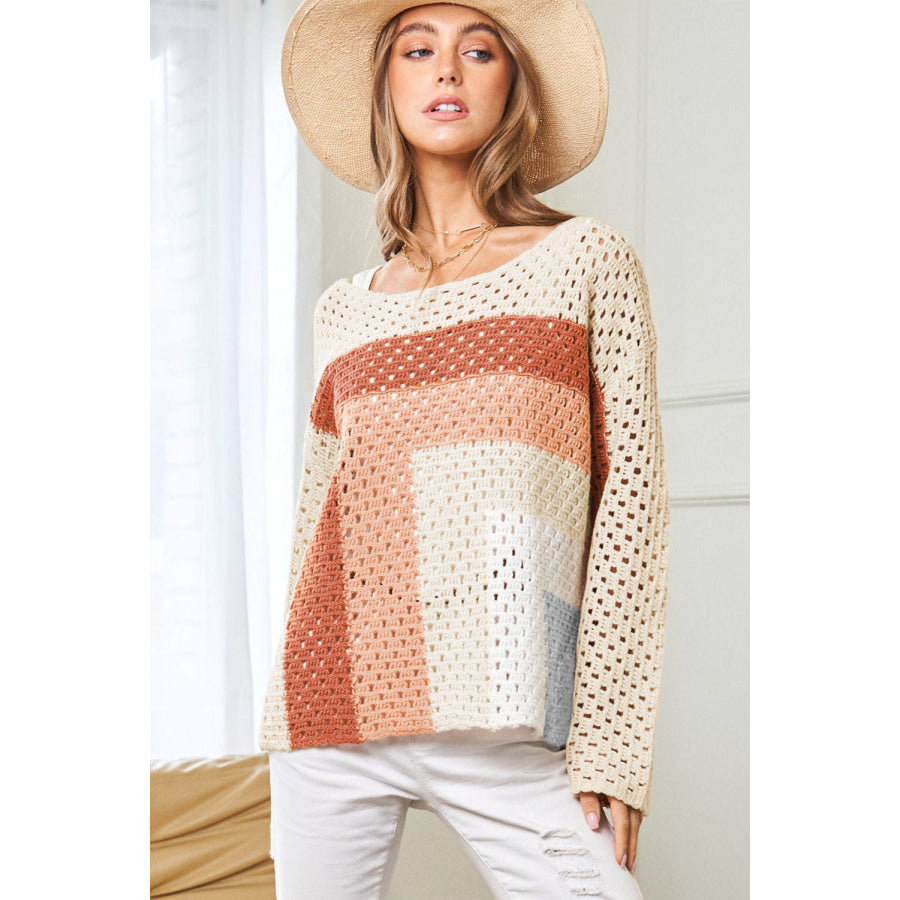 Apricot Pointelle Knit Colorblock Baggy Sweater Sweaters & Cardigans/Sweaters