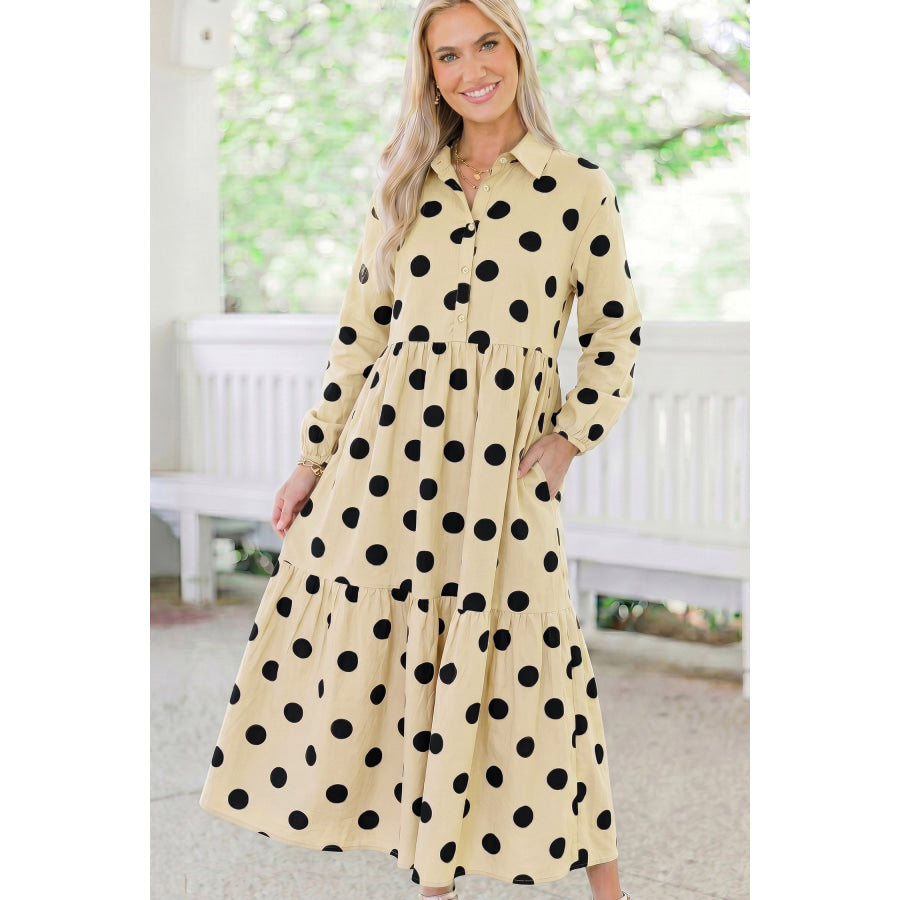 Apricot Polka Dot Button Front Long Sleeve Shift Dress Dresses/Maxi Dresses