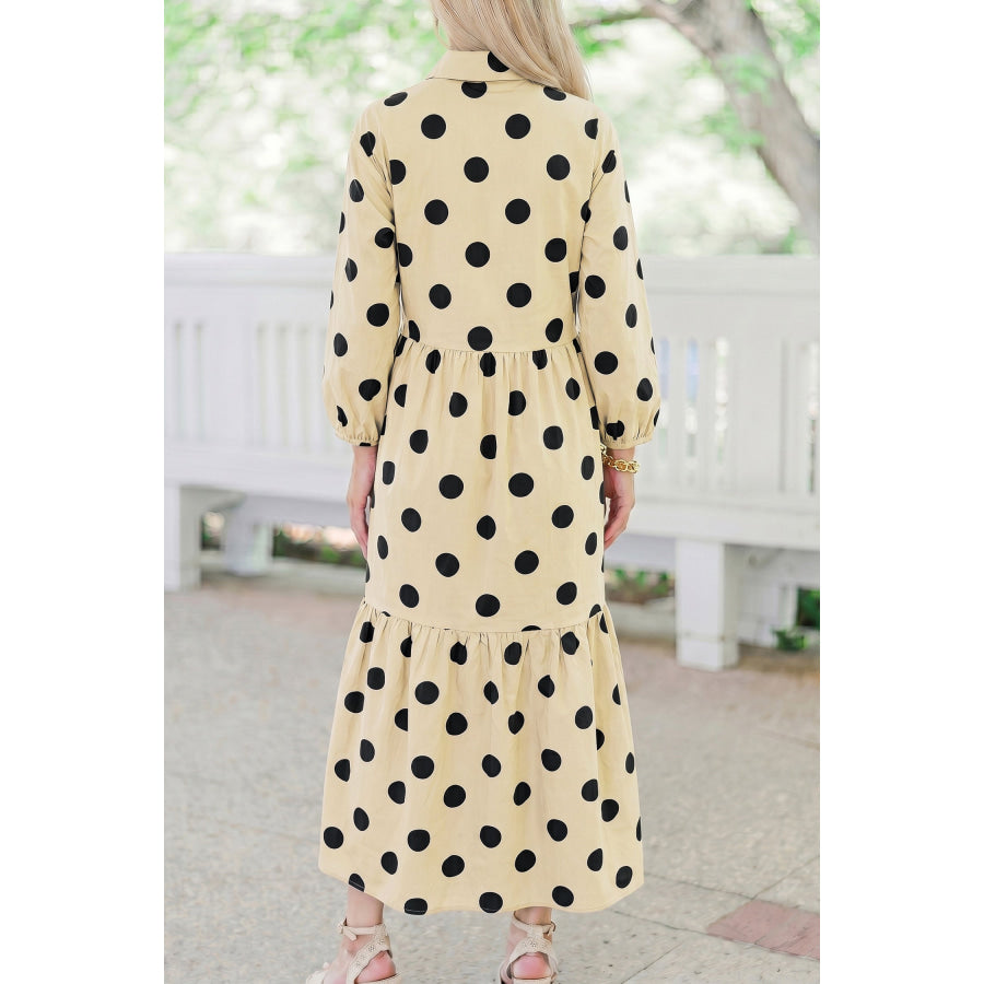 Apricot Polka Dot Button Front Long Sleeve Shift Dress / S / 55% Viscose + 45% Cotton Dresses/Maxi Dresses