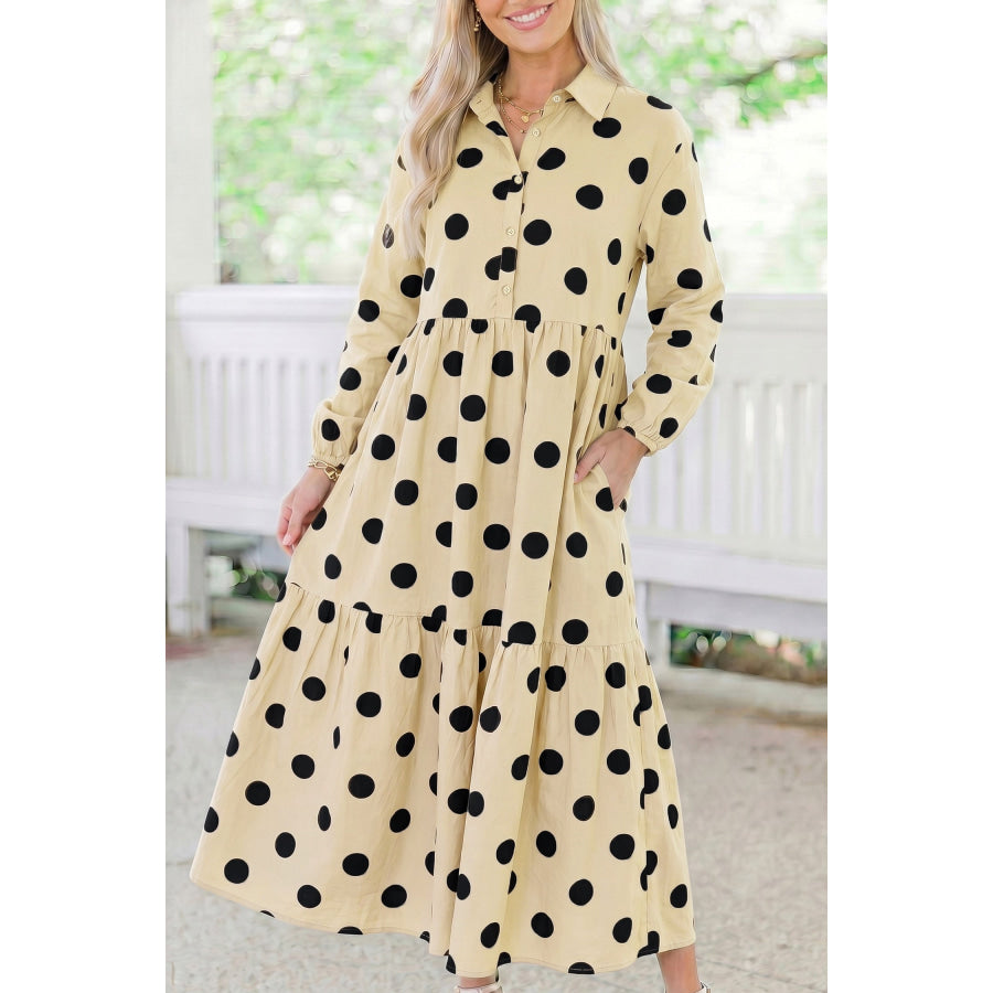 Apricot Polka Dot Button Front Long Sleeve Shift Dress / S / 55% Viscose + 45% Cotton Dresses/Maxi Dresses