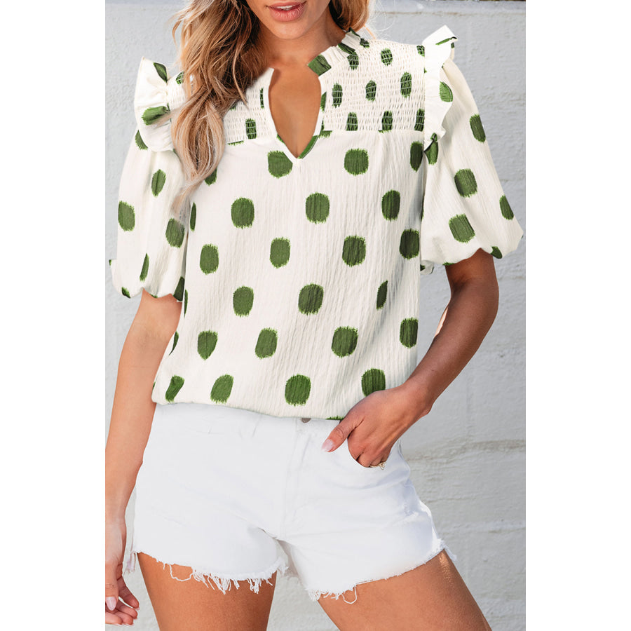 Apricot Polka Dot Print Shirred Yoke Notched Neck Balloon Sleeve Blouse Apricot / S / 100% Polyester Tops/Blouses & Shirts