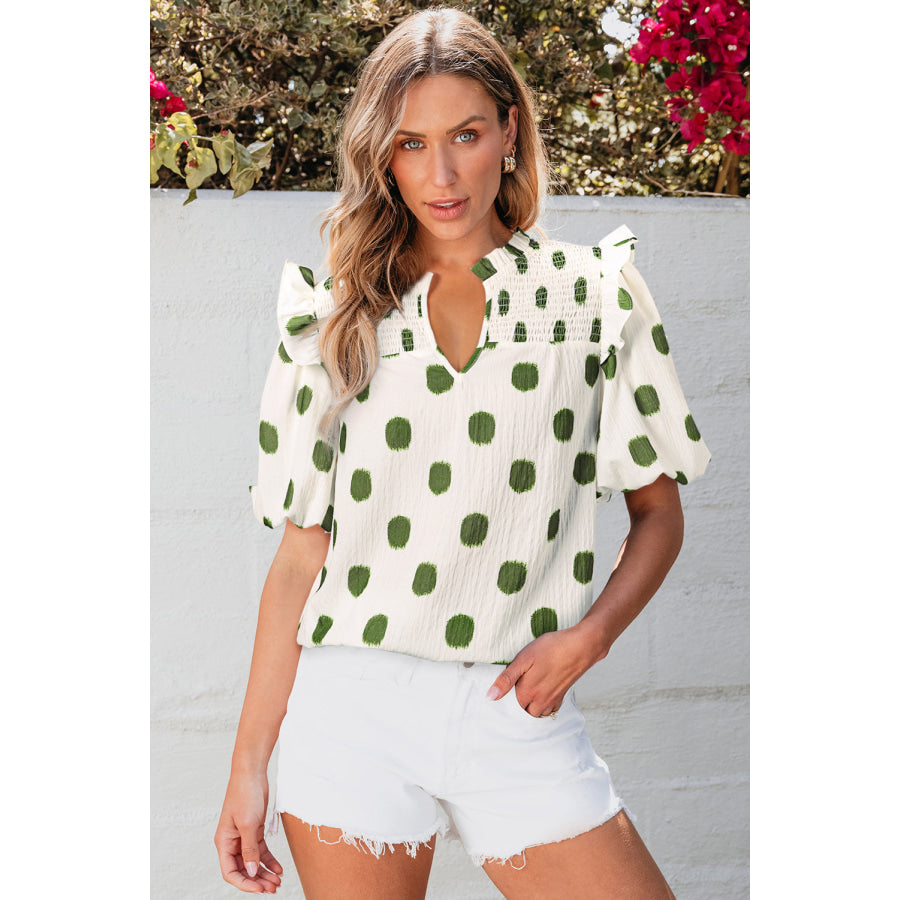 Apricot Polka Dot Print Shirred Yoke Notched Neck Balloon Sleeve Blouse Tops/Blouses & Shirts