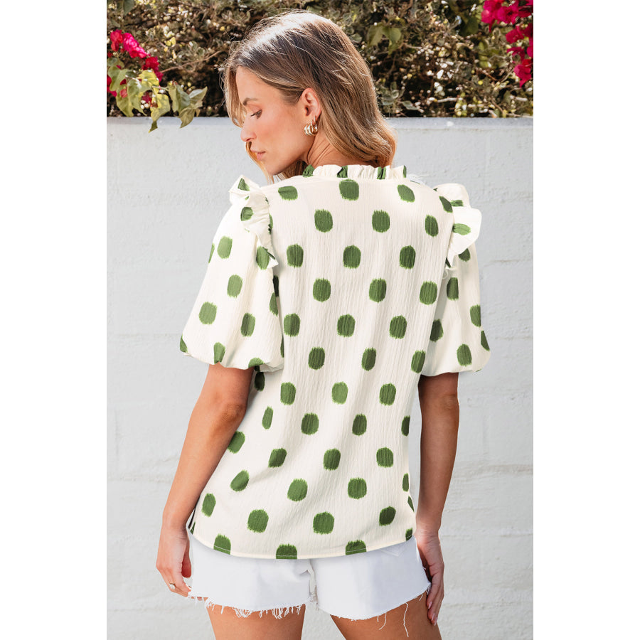 Apricot Polka Dot Print Shirred Yoke Notched Neck Balloon Sleeve Blouse Tops/Blouses & Shirts