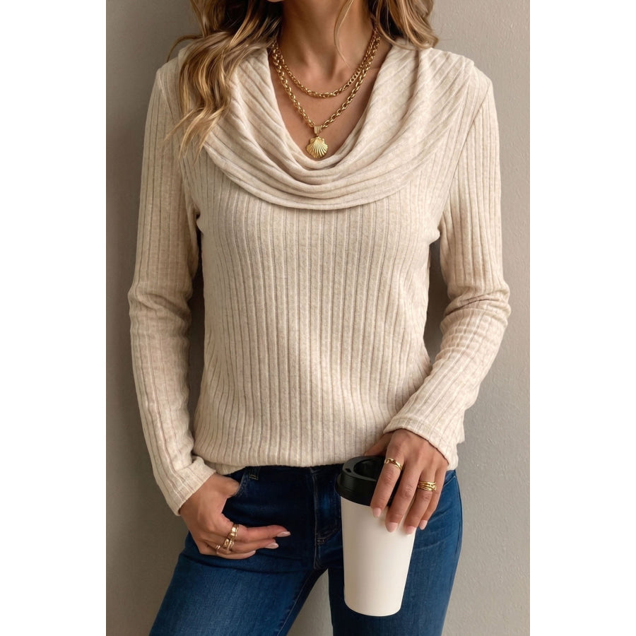 Apricot Solid Color Ribbed Knit Cowl Neck Long Sleeve Top Apricot / S / 85% Polyester + 10% Viscose + 5% Elastane Tops/Long Sleeve Tops