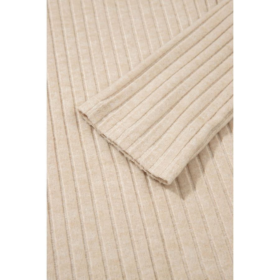 Apricot Solid Color Ribbed Knit Cowl Neck Long Sleeve Top Tops/Long Tops