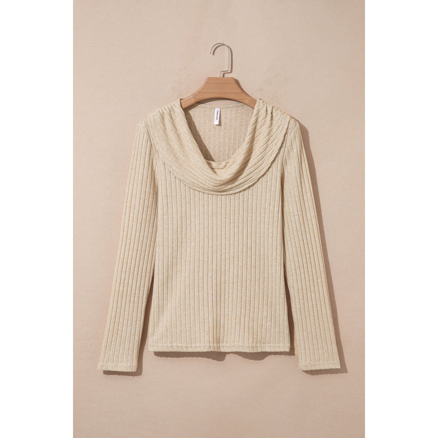 Apricot Solid Color Ribbed Knit Cowl Neck Long Sleeve Top Tops/Long Tops
