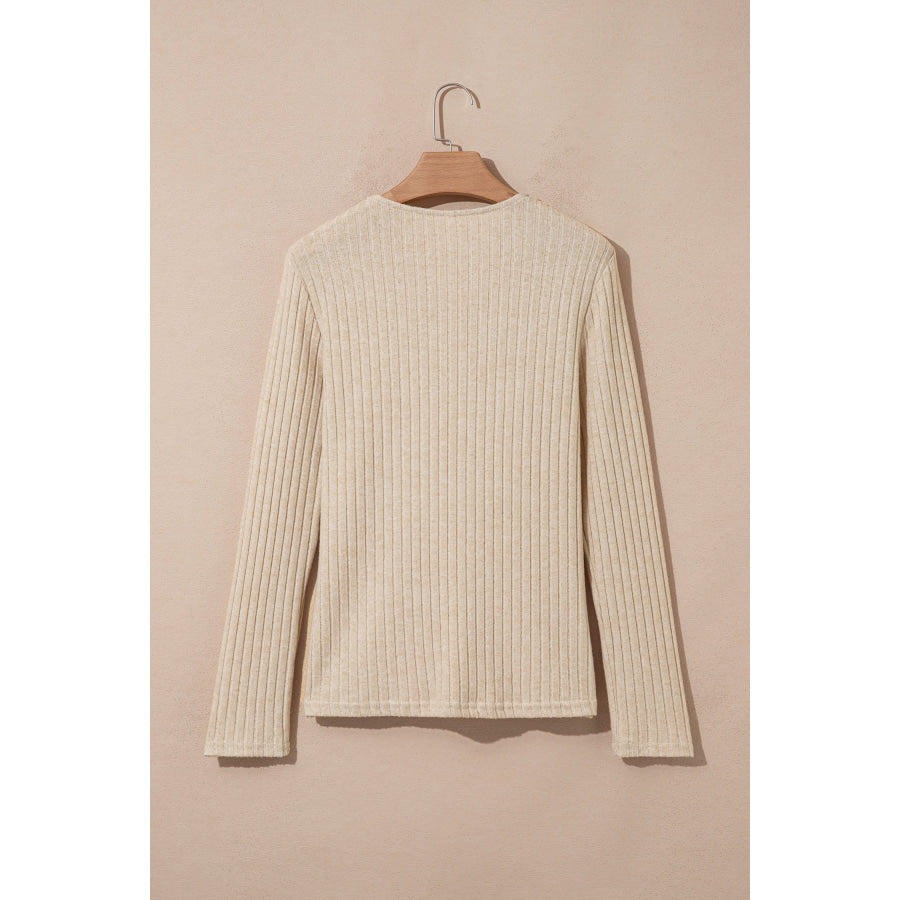 Apricot Solid Color Ribbed Knit Cowl Neck Long Sleeve Top Tops/Long Tops