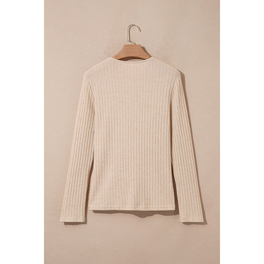 Apricot Solid Color Ribbed Knit Cowl Neck Long Sleeve Top Tops/Long Sleeve Tops