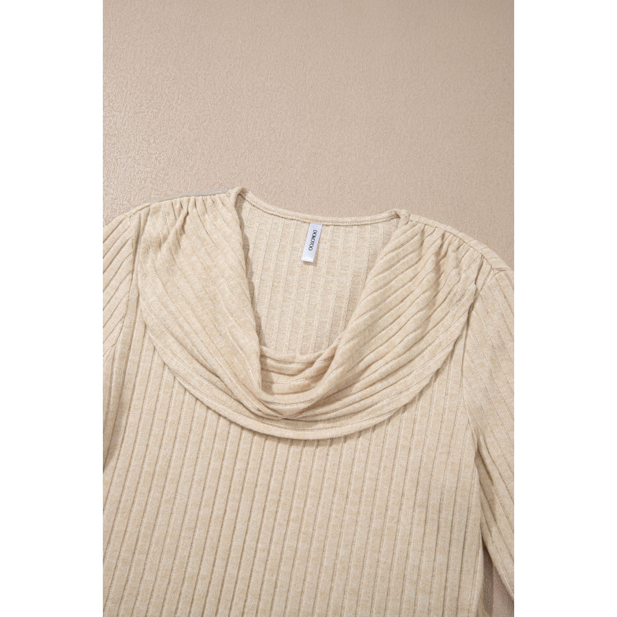Apricot Solid Color Ribbed Knit Cowl Neck Long Sleeve Top Tops/Long Tops