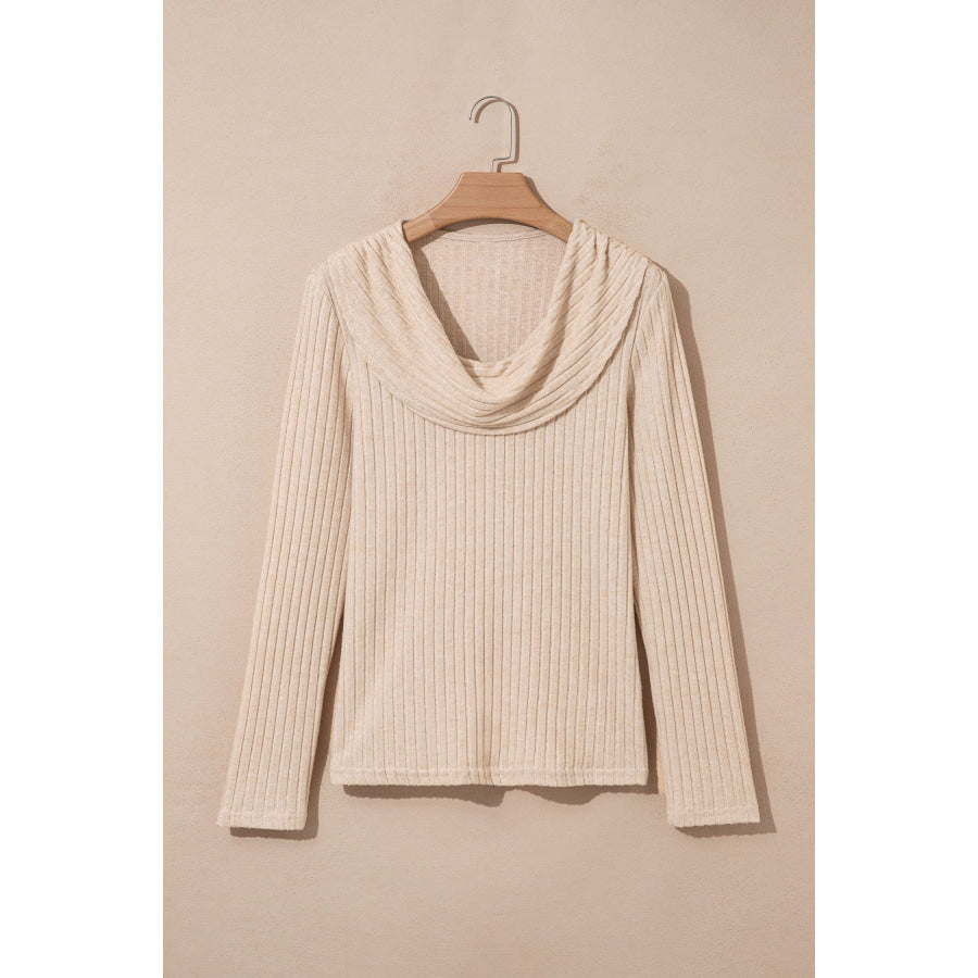 Apricot Solid Color Ribbed Knit Cowl Neck Long Sleeve Top Tops/Long Sleeve Tops
