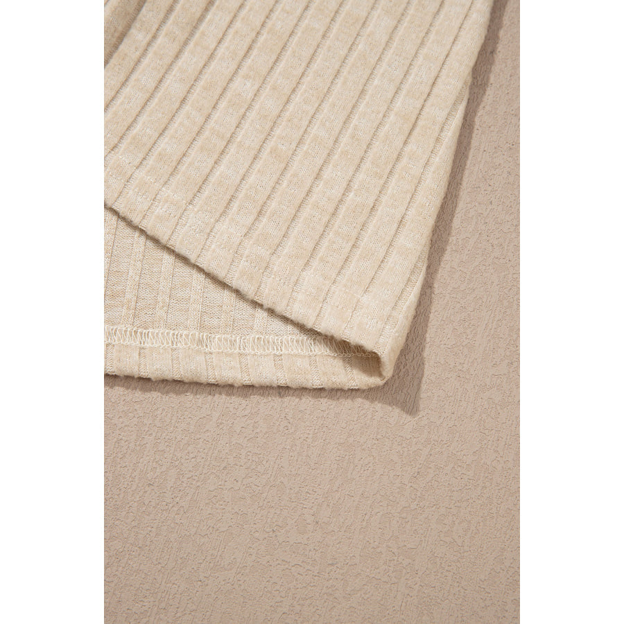 Apricot Solid Color Ribbed Knit Cowl Neck Long Sleeve Top Tops/Long Tops