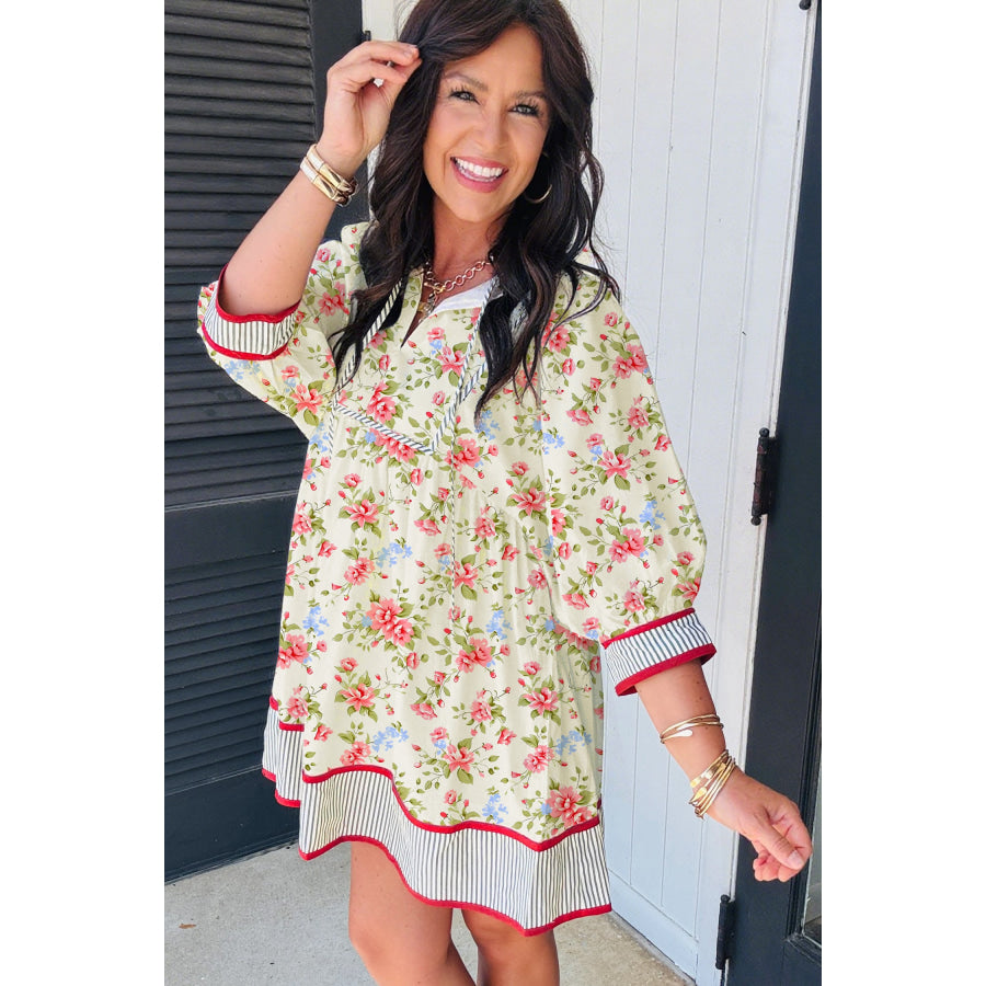 Apricot Striped Edge 3/4 Puff Sleeve Floral Dress Dresses/Floral Dresses