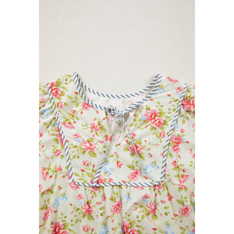 Apricot Striped Edge 3/4 Puff Sleeve Floral Dress Dresses/Floral Dresses