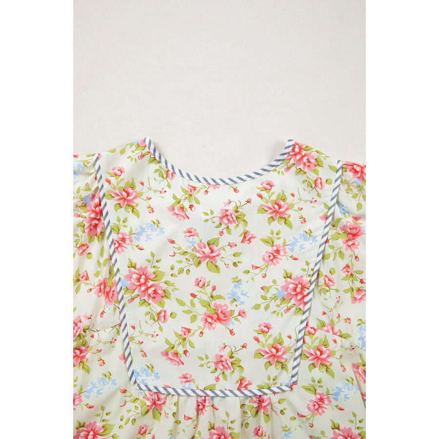 Apricot Striped Edge 3/4 Puff Sleeve Floral Dress Dresses/Floral Dresses