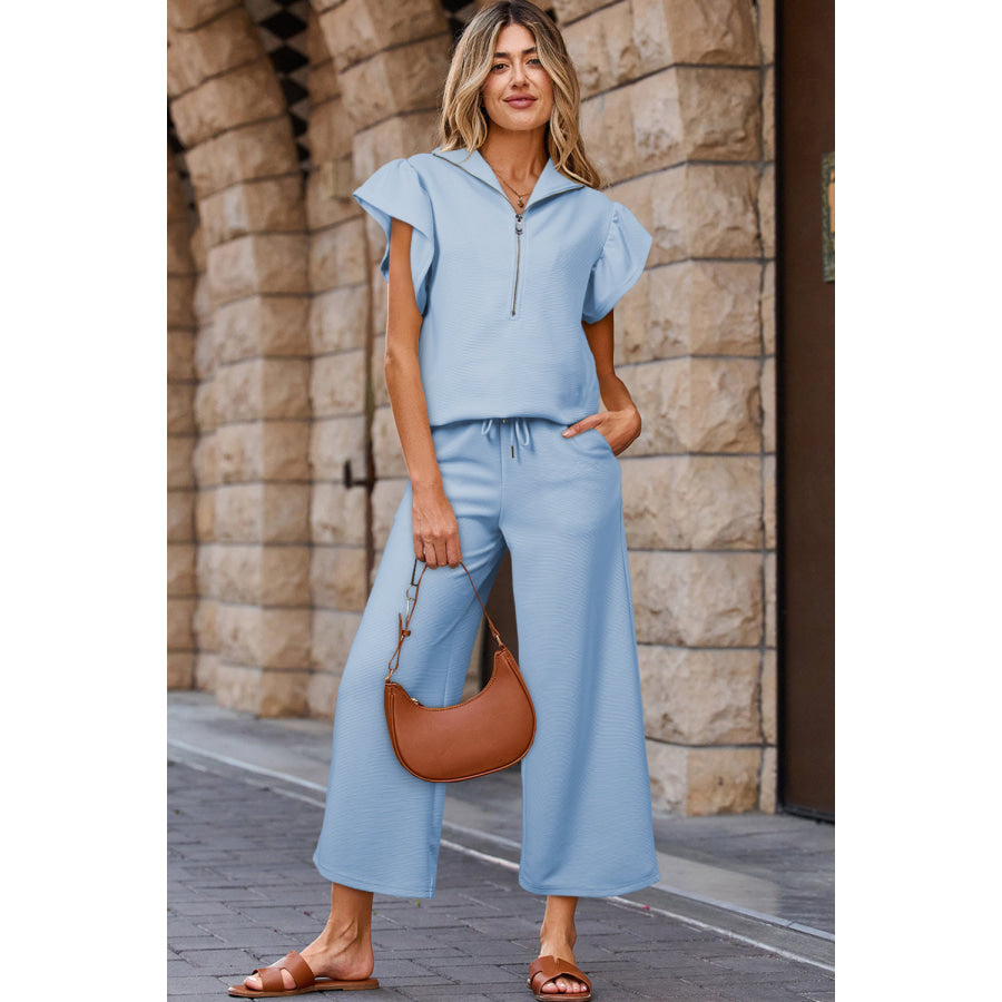 Apricot Textured Ruffled Sleeve Zipped Top and Wide Leg Pants Set Beau Blue / S / 95% Polyester + 5% Elastane Two Piece Sets/Pant Sets