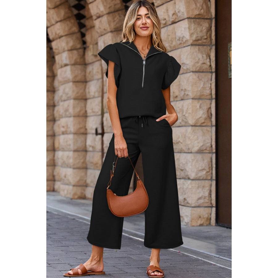Apricot Textured Ruffled Sleeve Zipped Top and Wide Leg Pants Set Black / S / 95% Polyester + 5% Elastane Two Piece Sets/Pant Sets