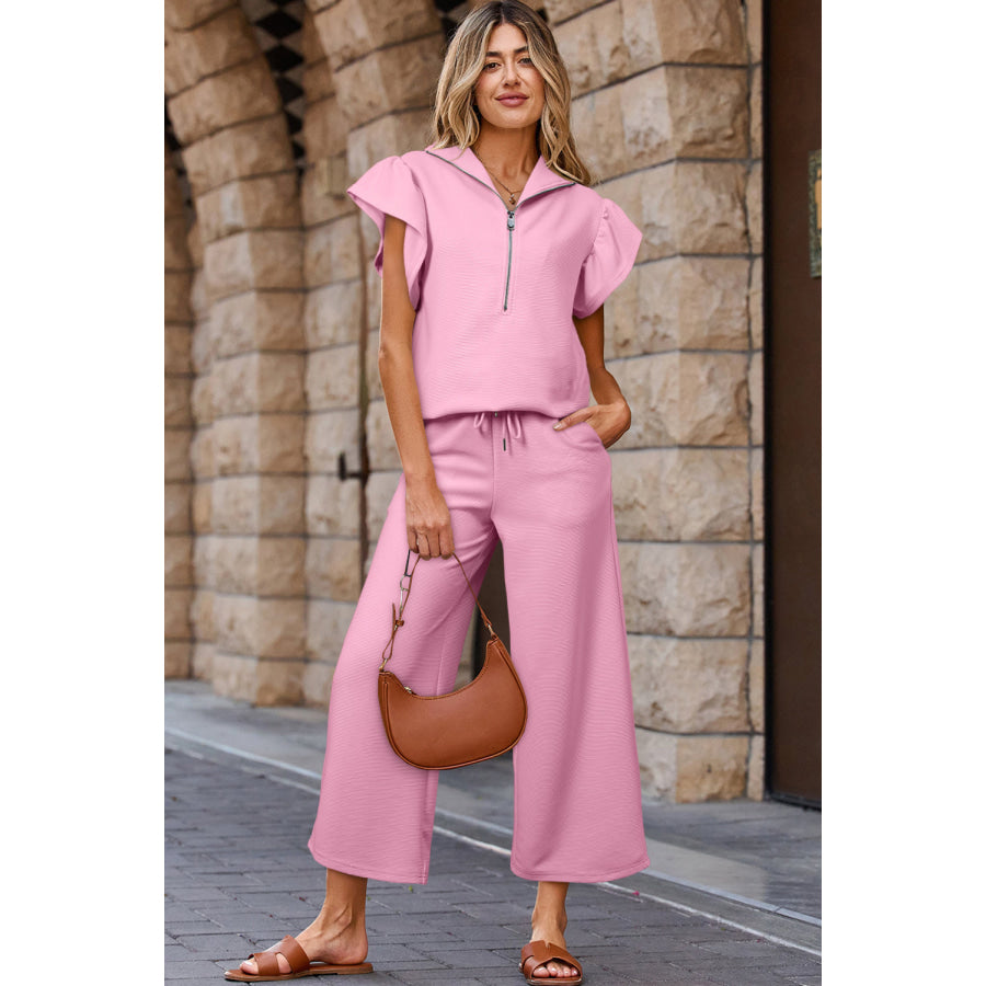 Apricot Textured Ruffled Sleeve Zipped Top and Wide Leg Pants Set Pink / S / 95% Polyester + 5% Elastane Two Piece Sets/Pant Sets
